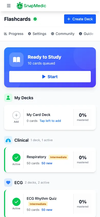 Flashcards home screen showing decks and study queue