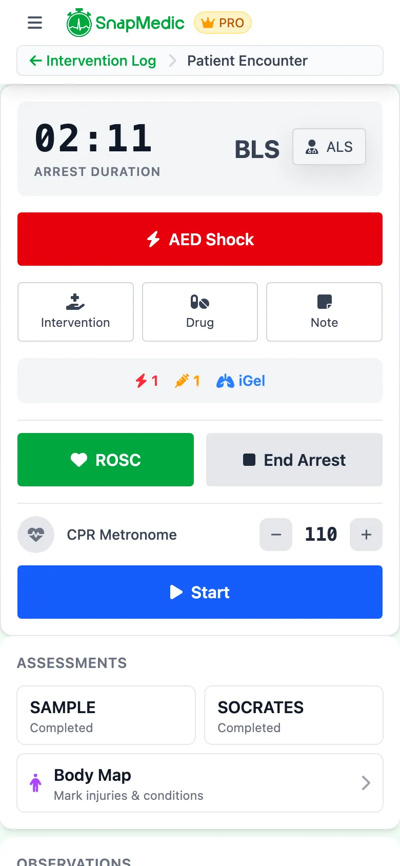SnapMedic cardiac arrest logger interface showing real-time timer and rhythm check alerts
