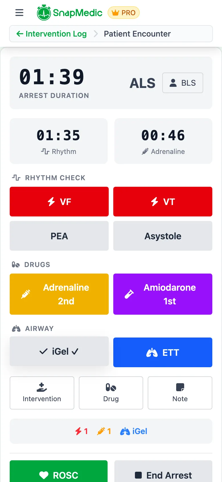 SnapMedic cardiac arrest logger showing ALS mode with drug tracking