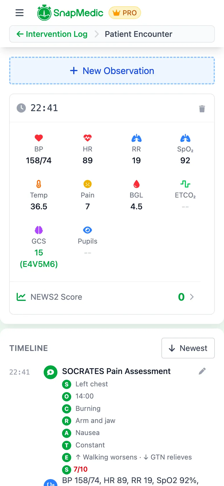 SnapMedic NEWS2 calculator showing parameter scoring and aggregate score