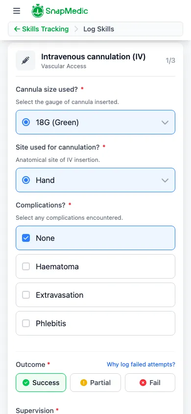 SnapMedic skills log showing cannulation entry with supervision level and outcome