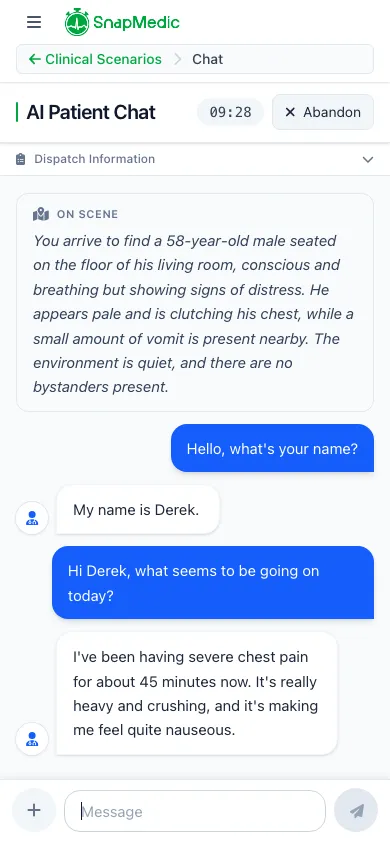 AI virtual patient history taking chat interface