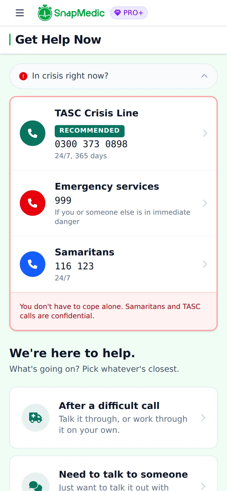 In crisis right now panel listing the TASC crisis line, emergency services and Samaritans