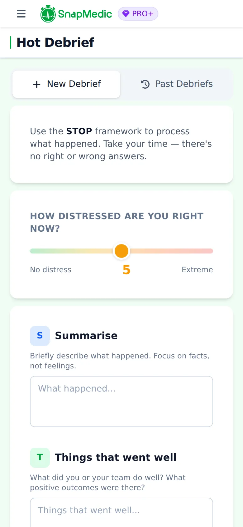 Hot Debrief screen with a distress slider and the first STOP prompt