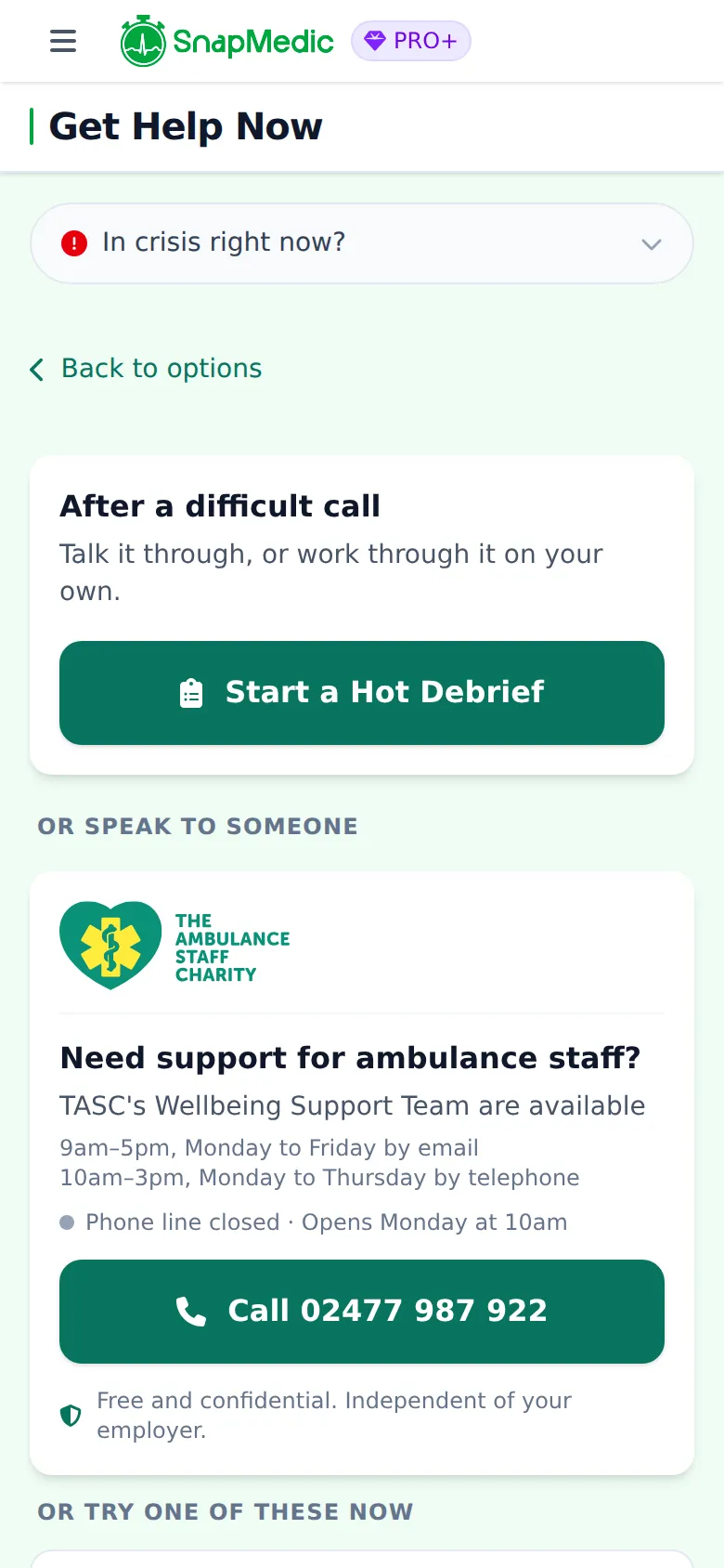 After a difficult call screen offering a Hot Debrief and TASC support