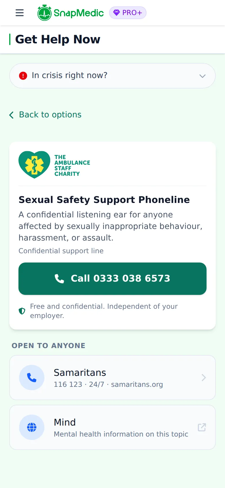 Sexual Safety Support Phoneline screen with a confidential listening ear description and a call button