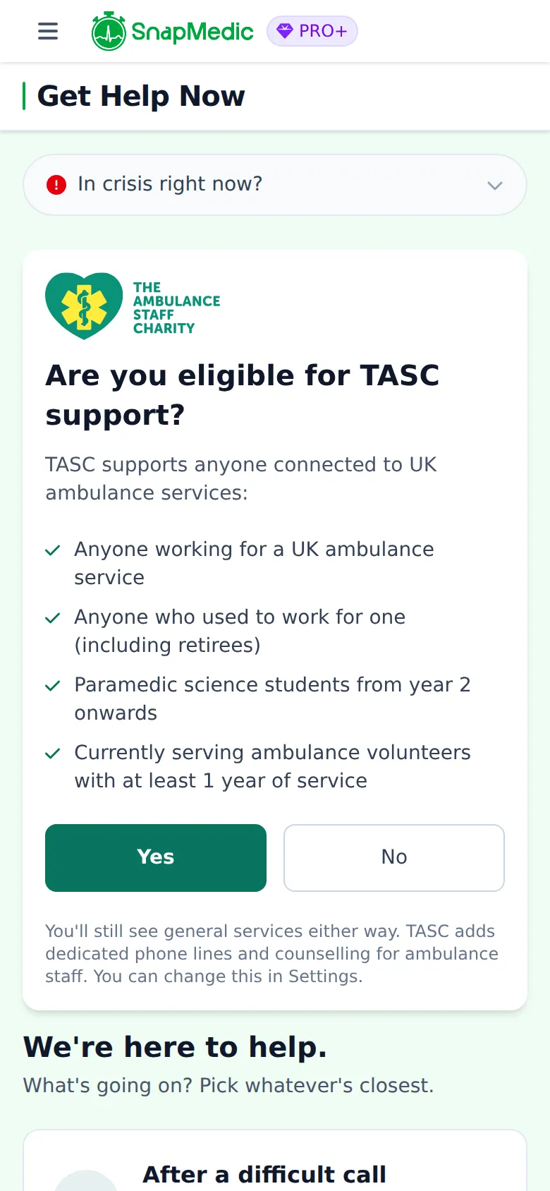 Eligibility prompt listing who TASC supports, with Yes and No buttons