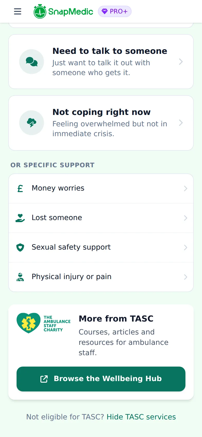 Support options list with a card linking to the TASC Wellbeing Hub