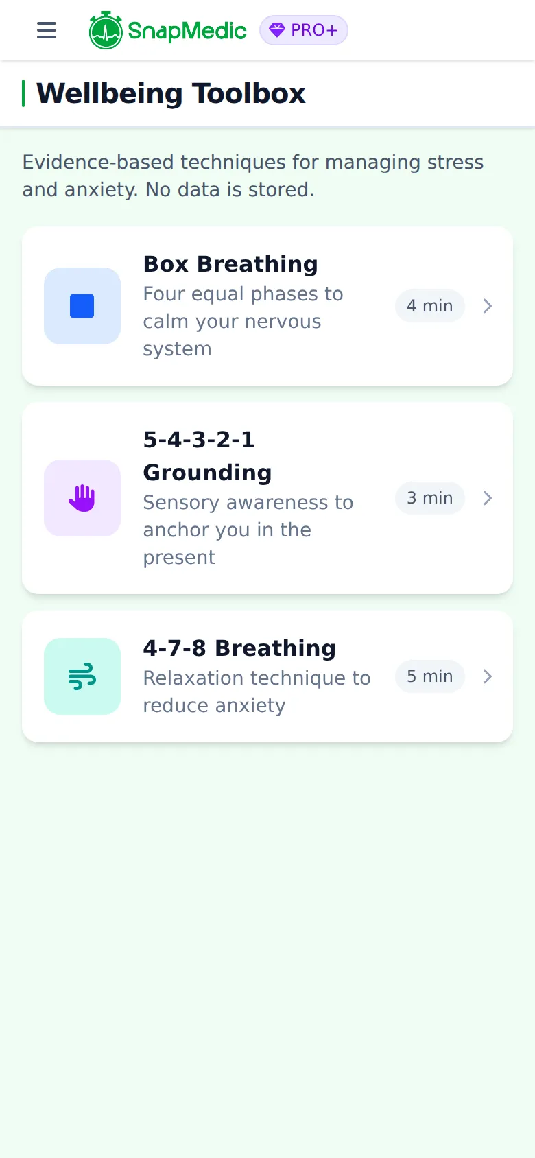 Wellbeing Toolbox listing box breathing, 5-4-3-2-1 grounding and 4-7-8 breathing