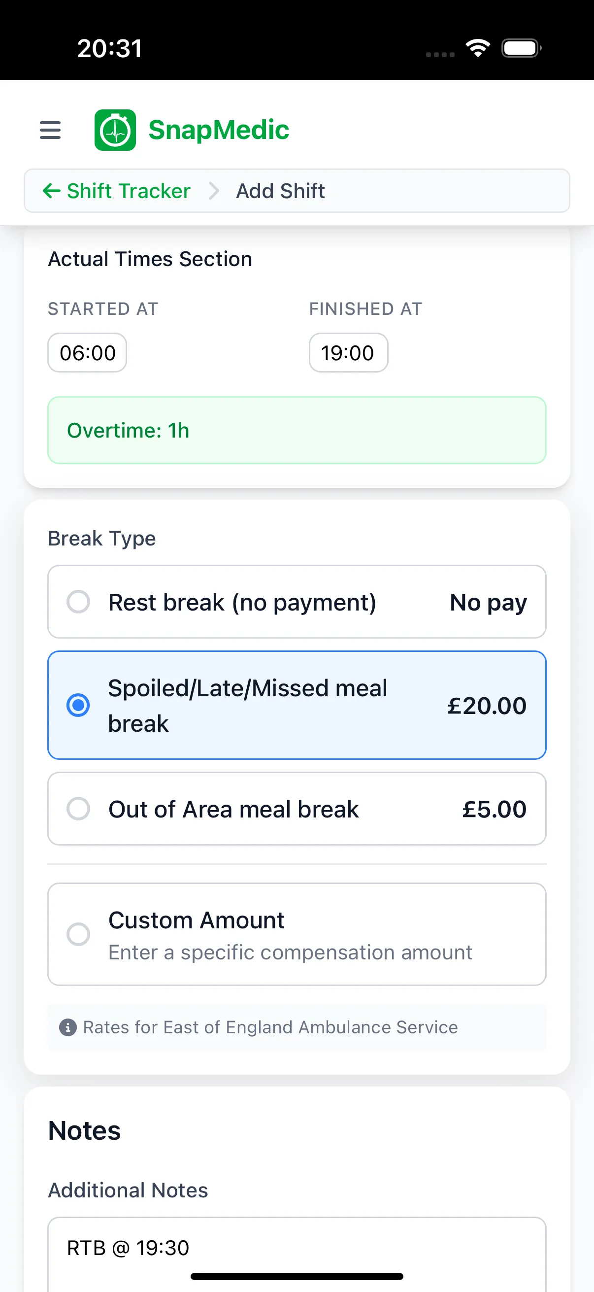 Logging a new shift in the tracker