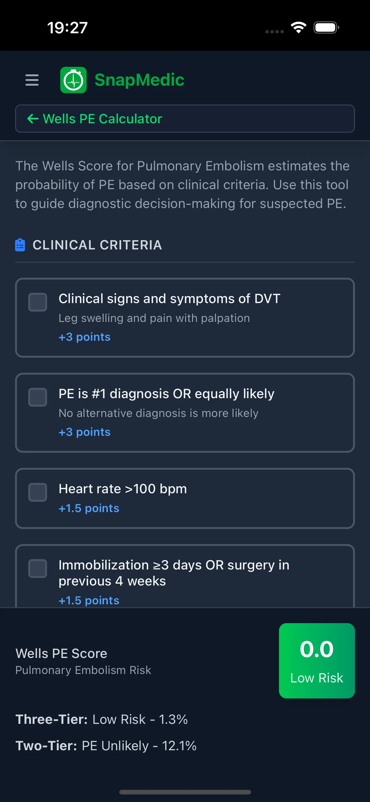 PE Risk Calculator Dark Mode