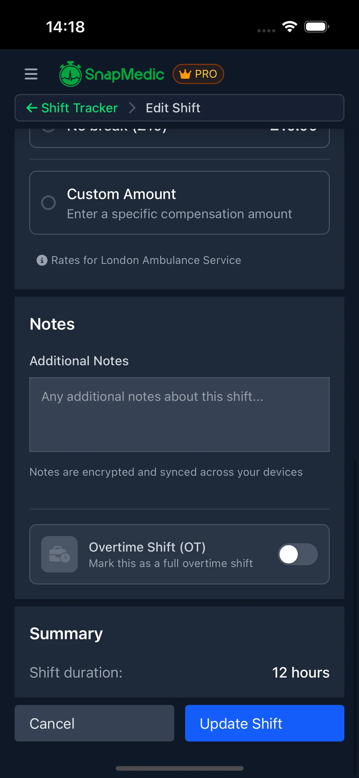Edit Shift with Overtime and Notes