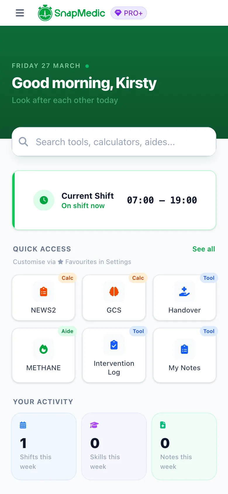 Redesigned home screen with wellbeing and shift tracking