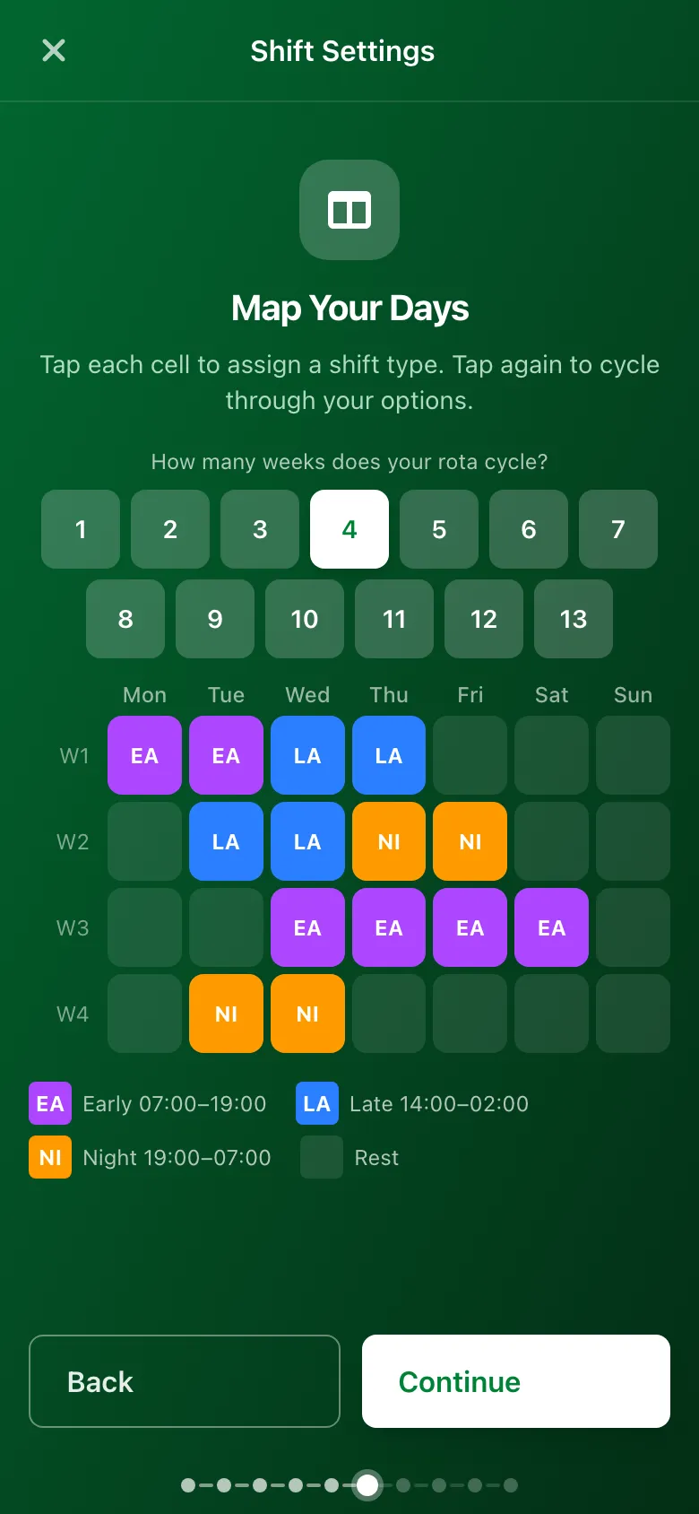 Rota pattern editor with shift type grid