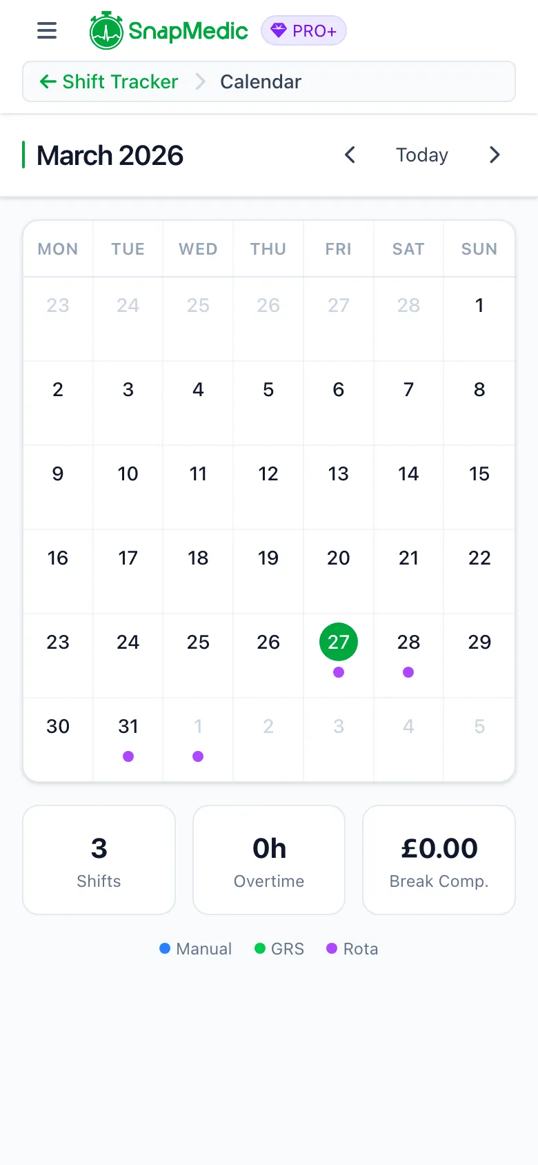 Monthly shift calendar with colour-coded shift sources