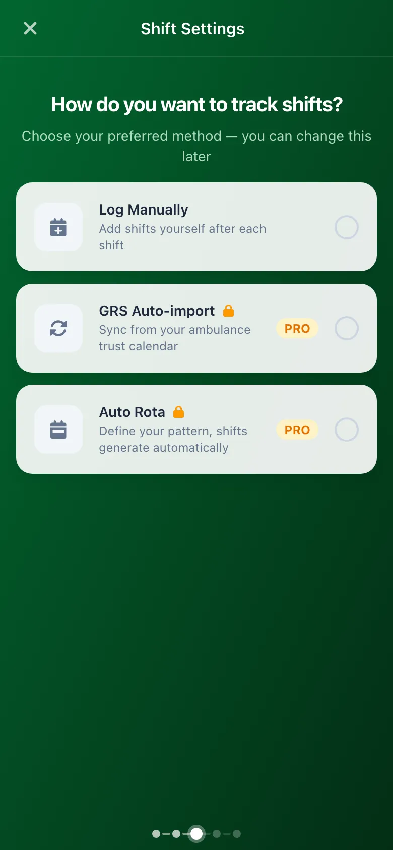 Shift tracking setup wizard with method selection