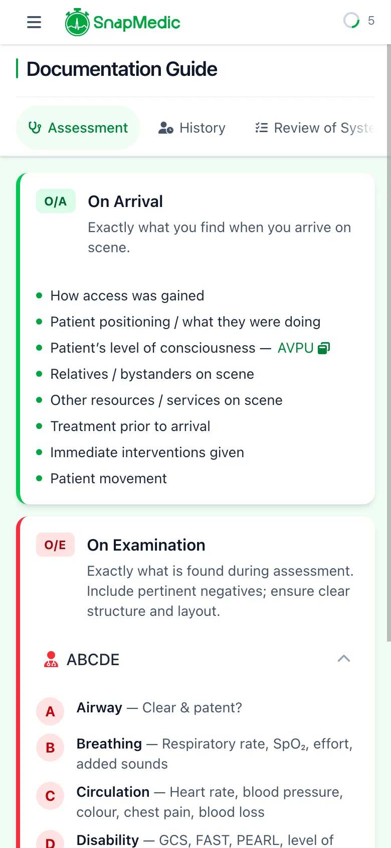 SnapMedic guided EPCR documentation aide walking paramedics through each section