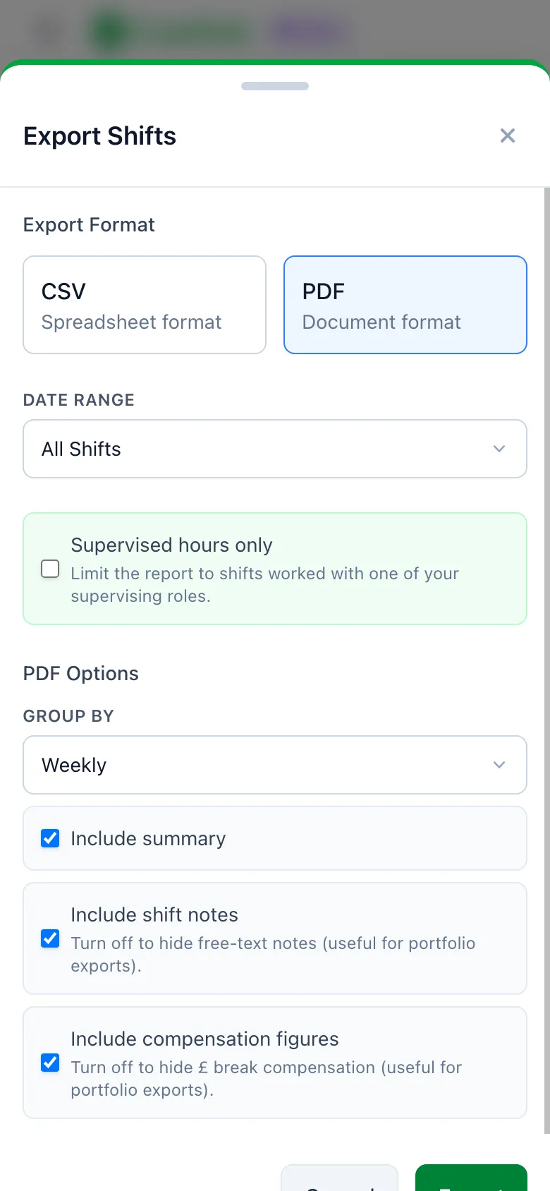 SnapMedic shift tracker landscape PDF export with customisable sections and columns for paramedics