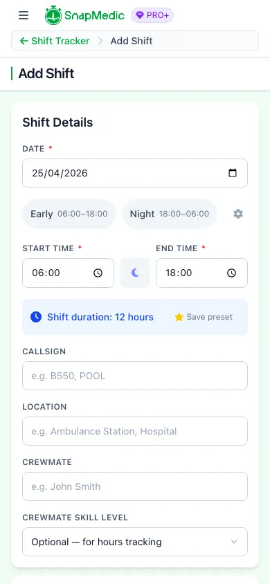 SnapMedic shift presets screen showing saved start and end times for quick rota entry