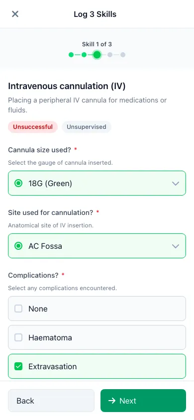 SnapMedic step-by-step skills tracking wizard for paramedic clinical skill logging