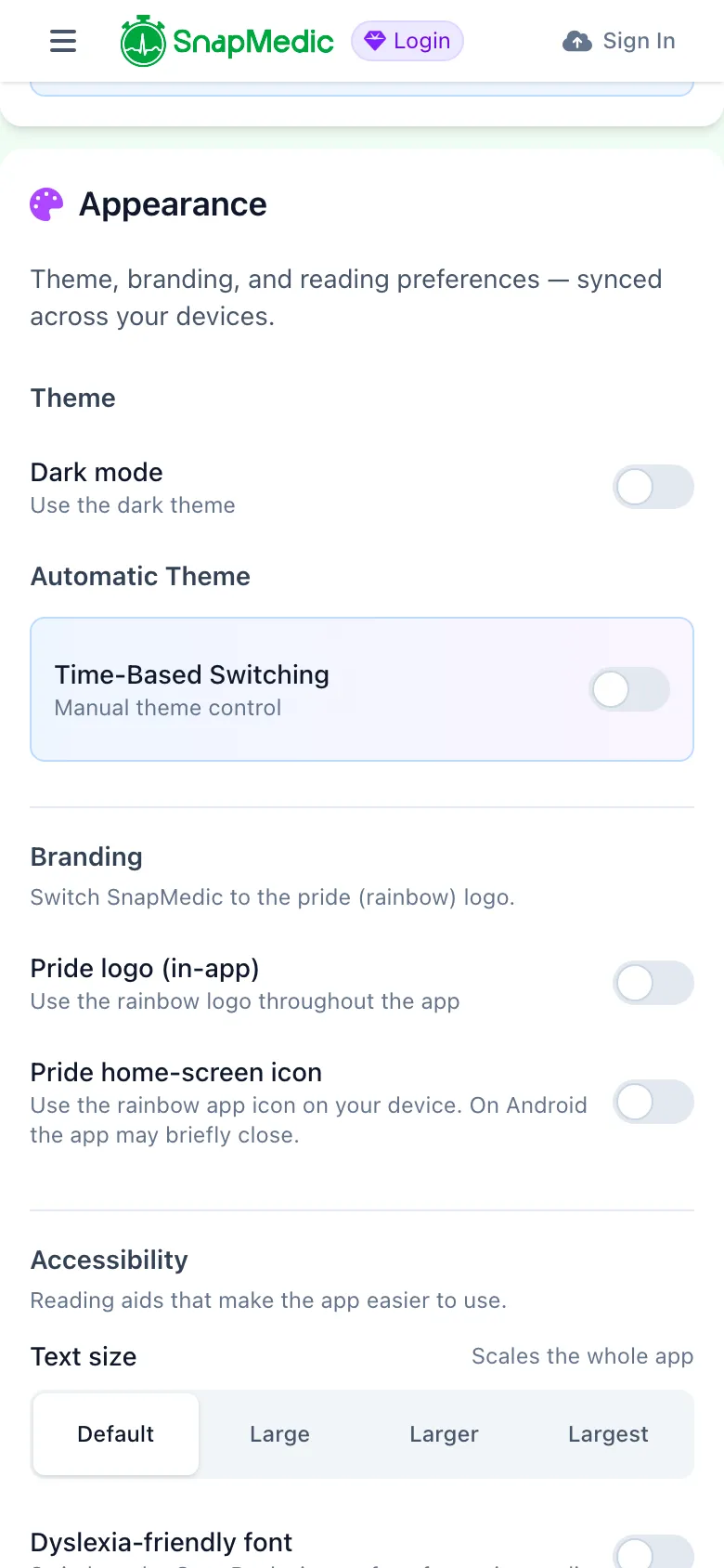 SnapMedic appearance and accessibility settings with dyslexia font, text size and reduce motion options
