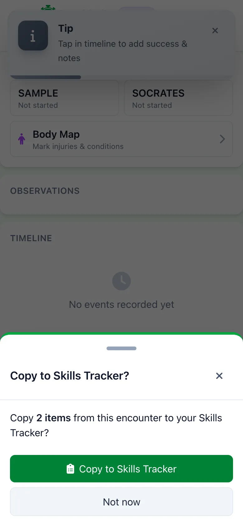 SnapMedic prompt to copy interventions and medications from an encounter into the Skills Tracker