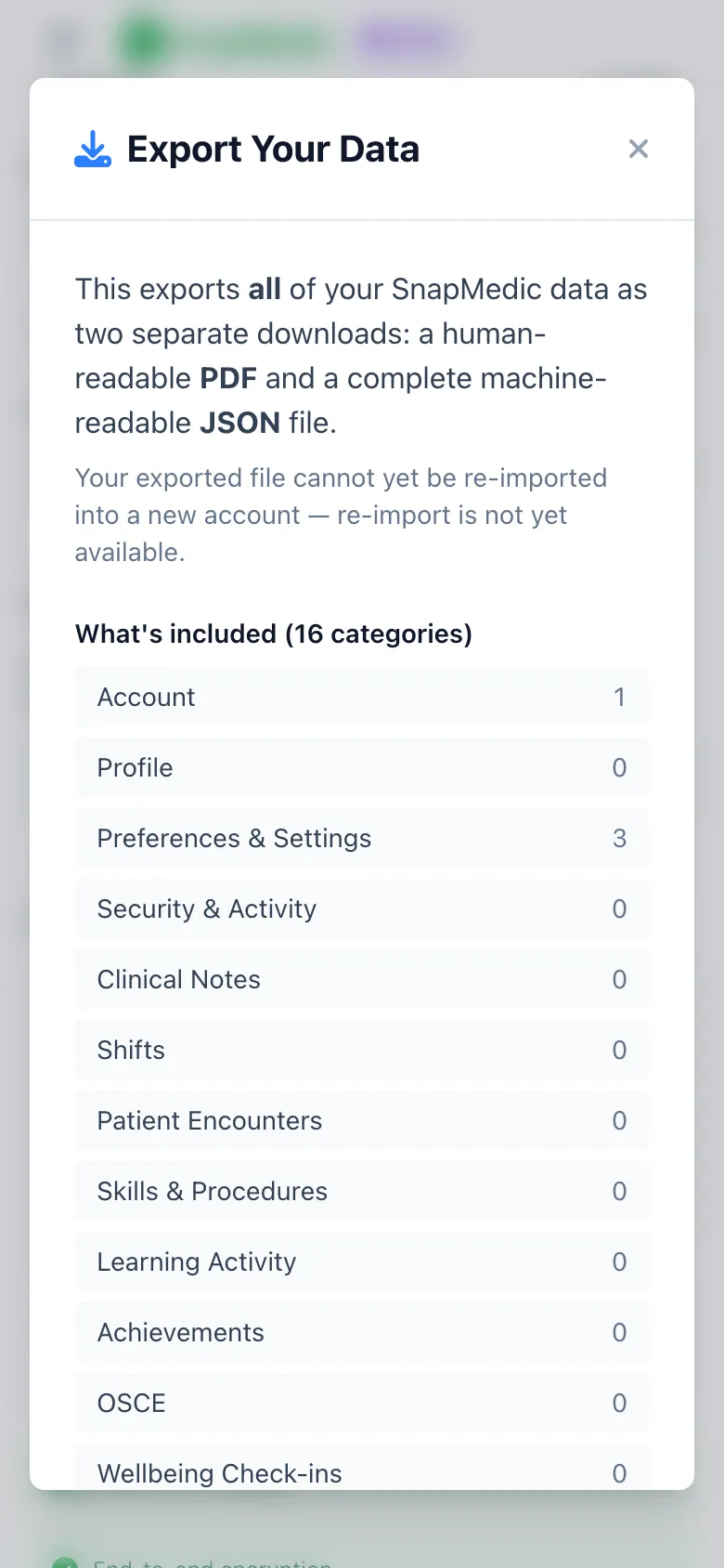 SnapMedic complete data export modal listing every data category with PDF and JSON downloads