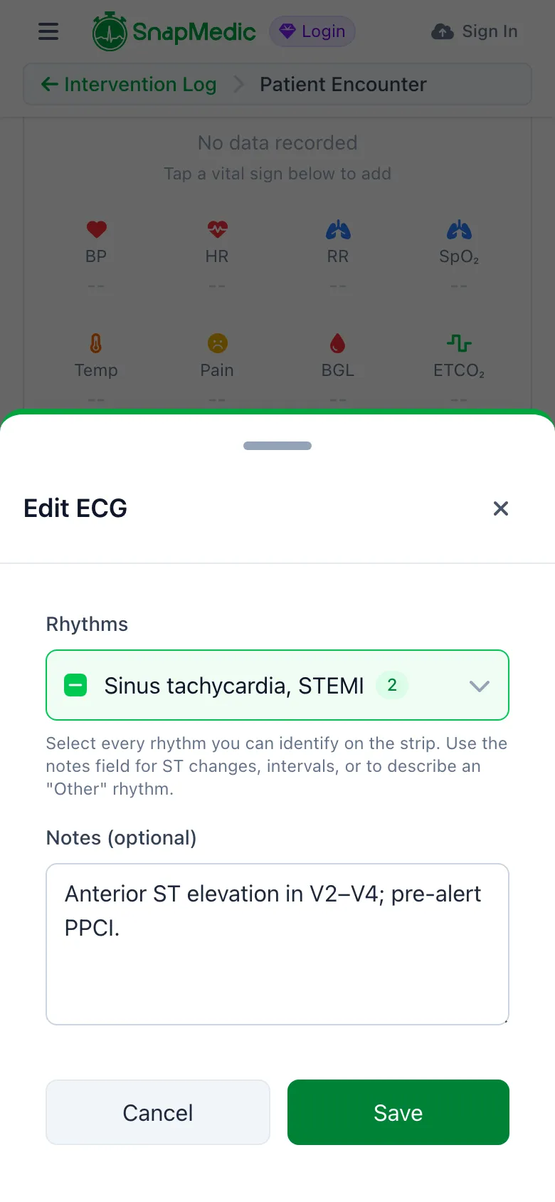 SnapMedic intervention log observation editor with ECG rhythm selection and notes