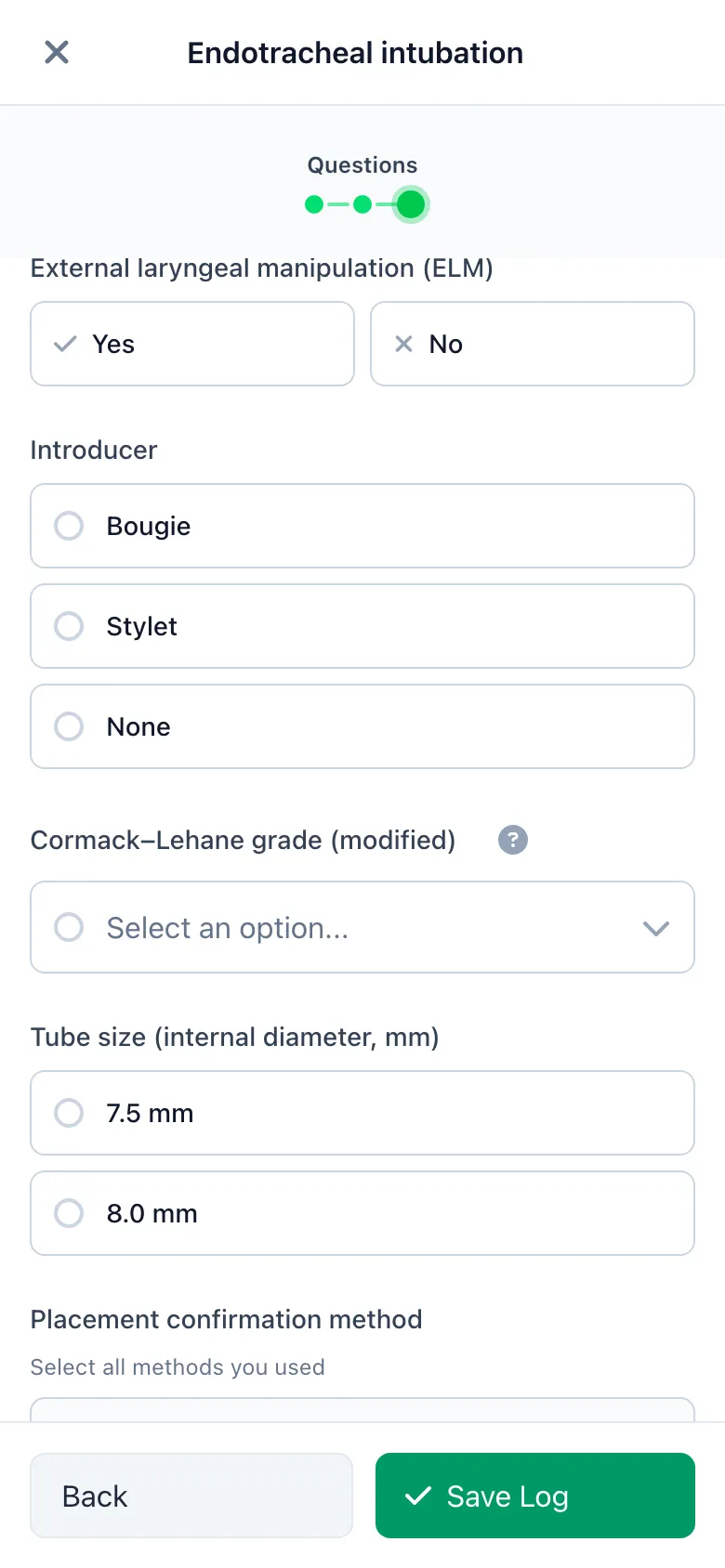 SnapMedic structured intubation logging capturing Cormack-Lehane grade, blade and tube size