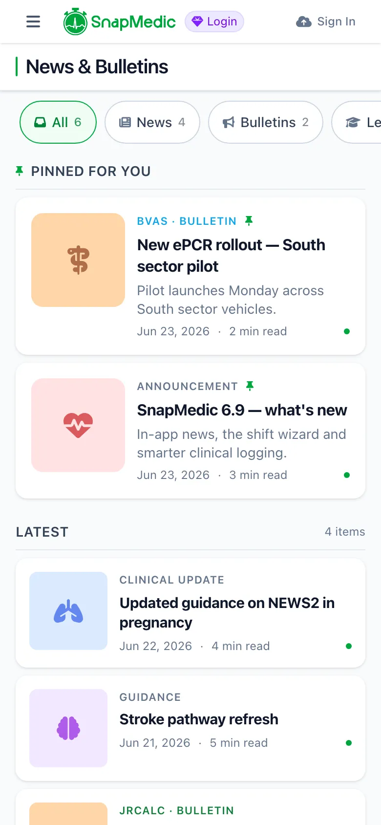 SnapMedic in-app News and Bulletins hub showing filter chips and a pinned clinical bulletin