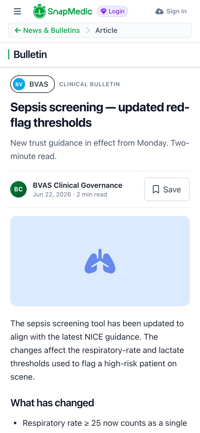 SnapMedic news article reader showing a clinical bulletin with formatted content blocks