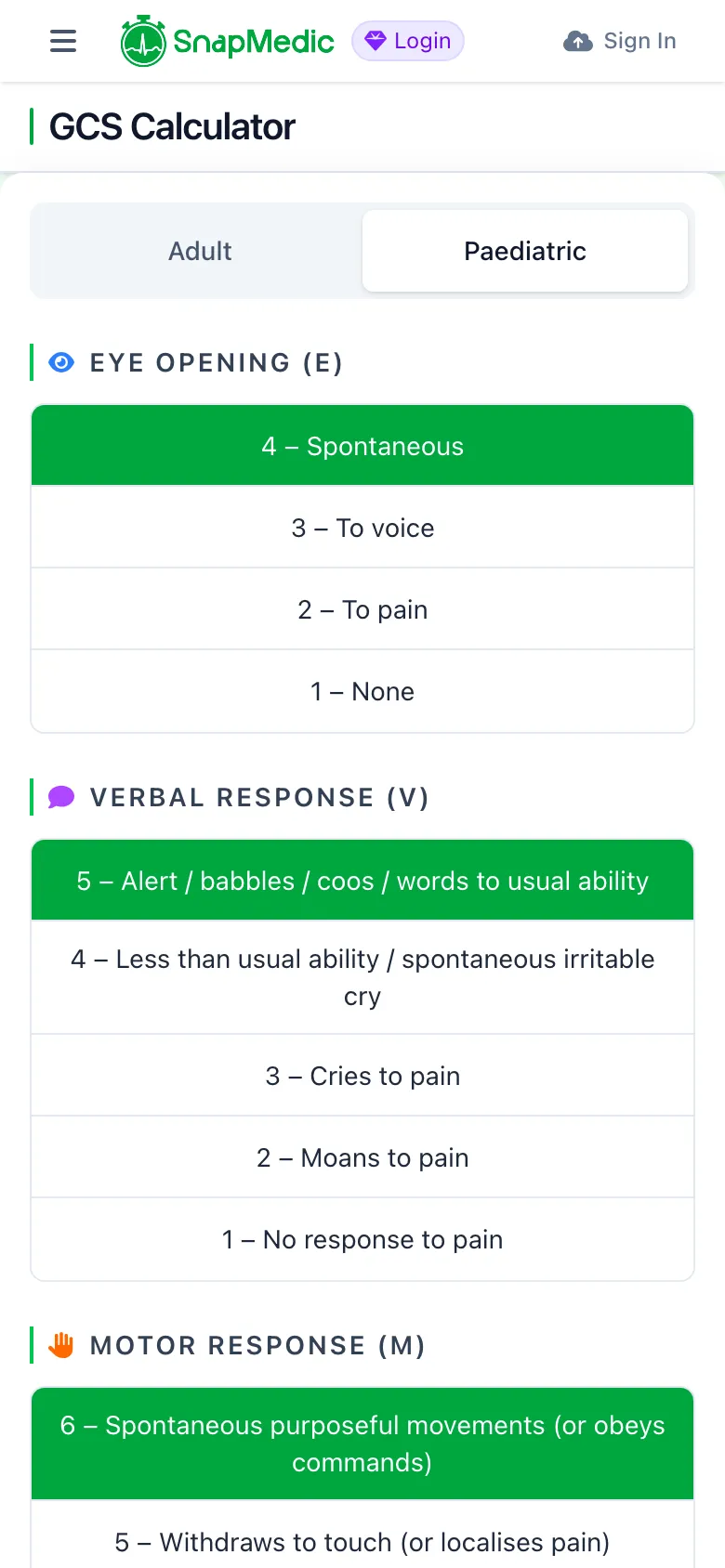 SnapMedic GCS calculator paediatric mode with BPNA verbal and motor descriptors for children