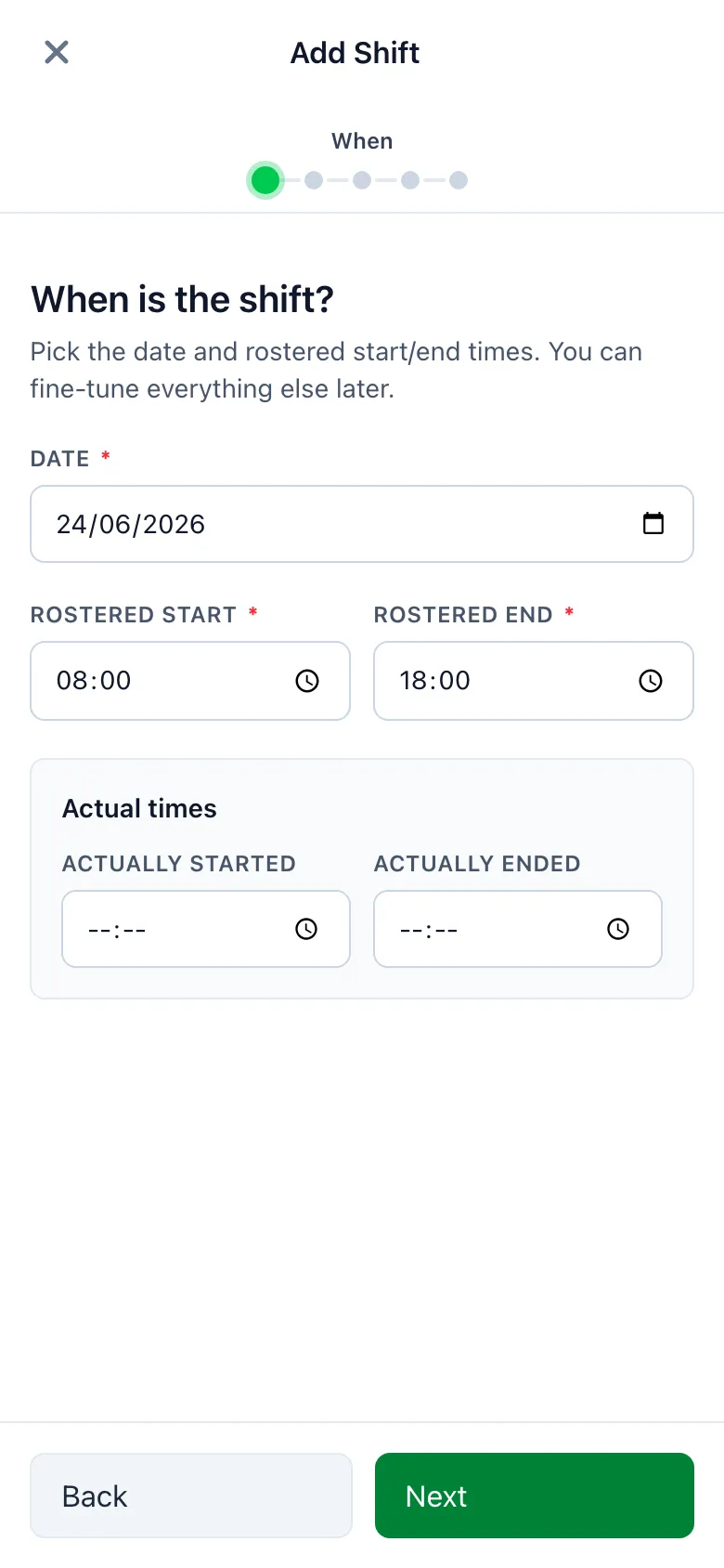 SnapMedic guided shift wizard create flow showing one step per screen with progress dots