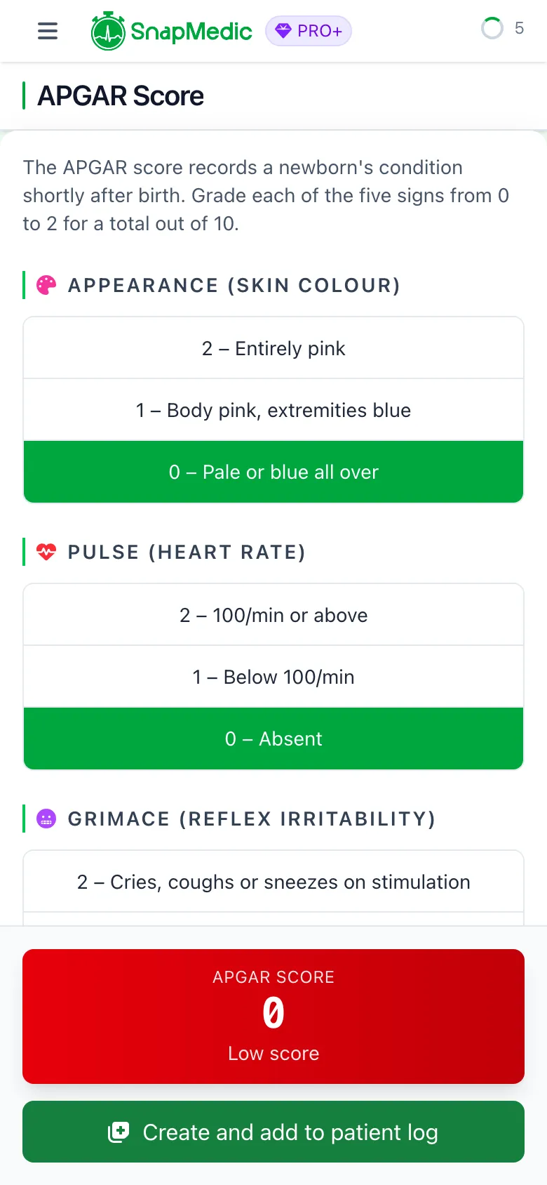 SnapMedic APGAR calculator showing a 0 out of 10 score in the red low band