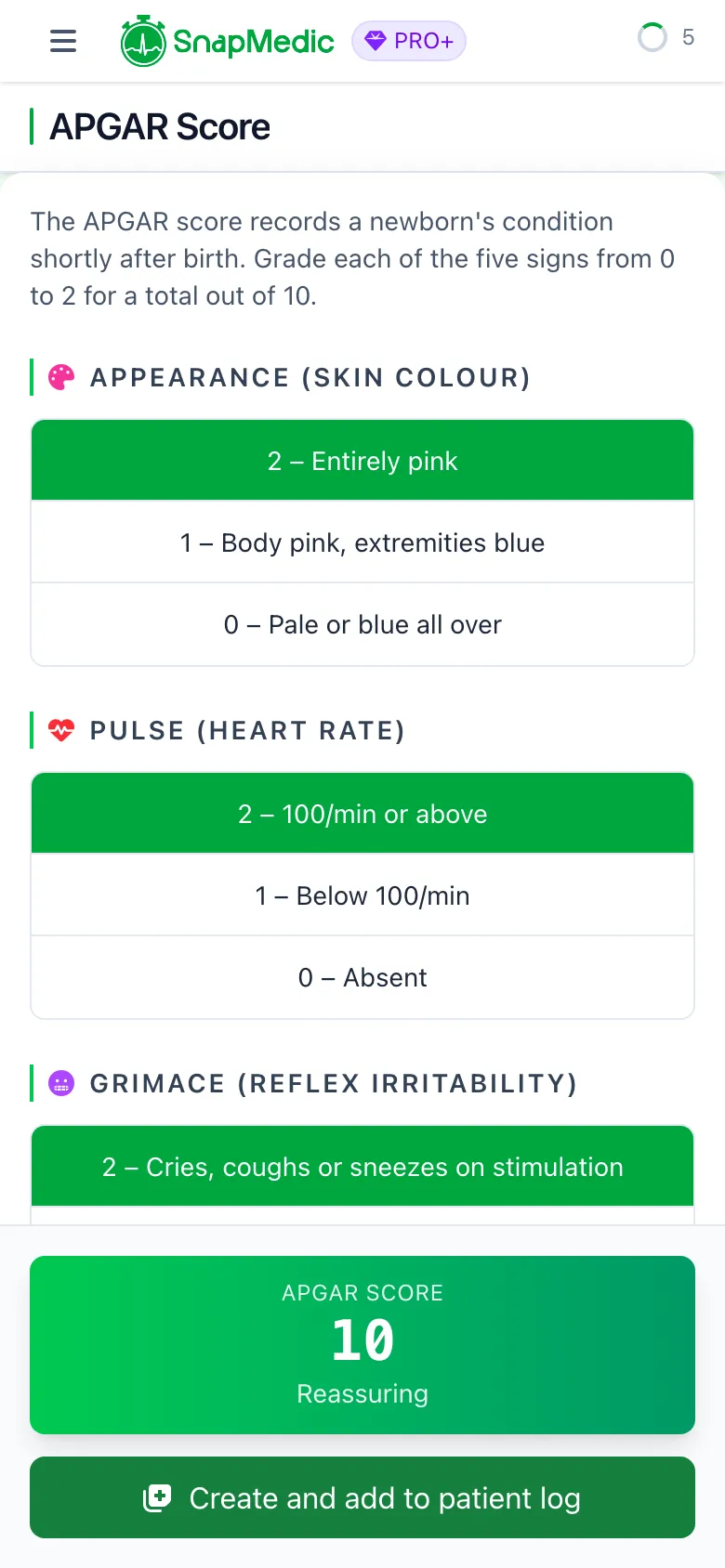 SnapMedic APGAR calculator showing a completed 10 out of 10 score in the green reassuring band