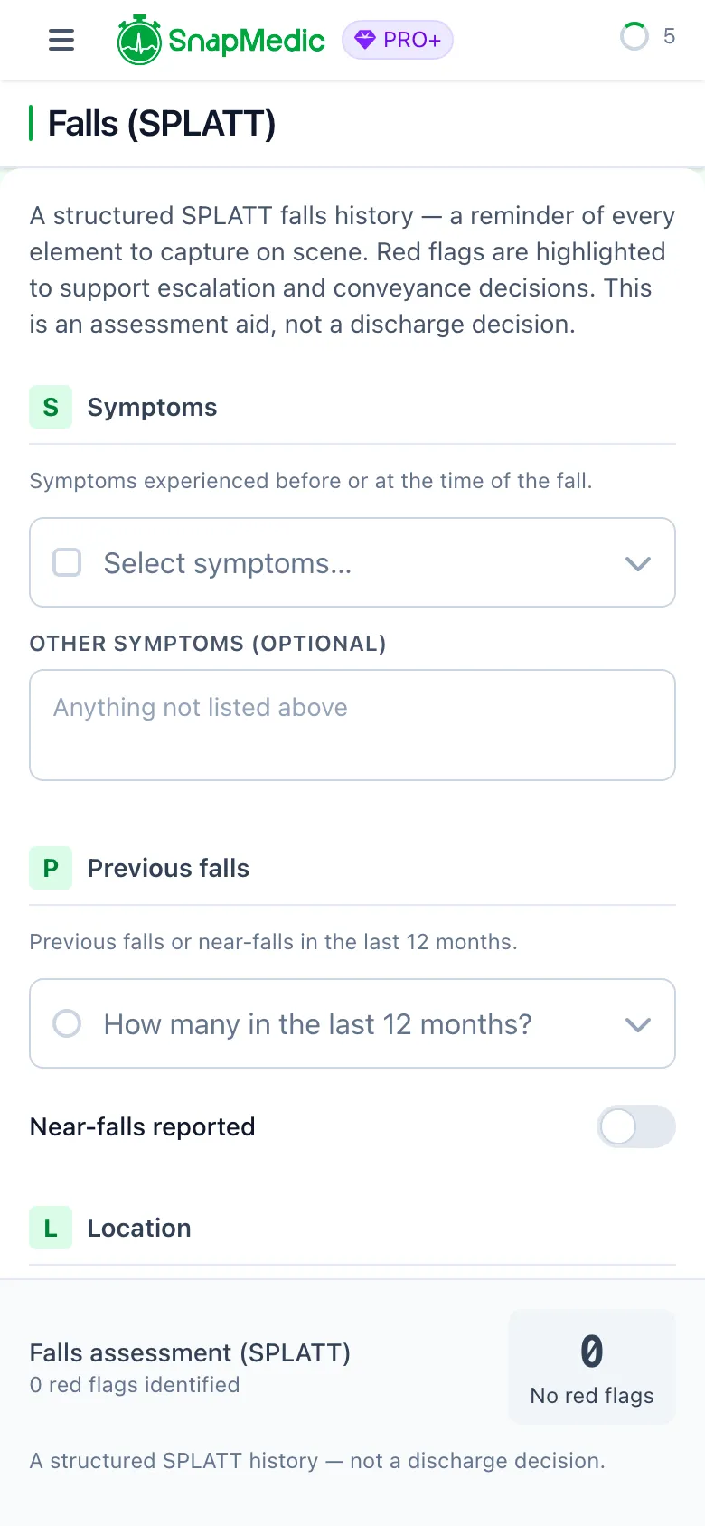 SnapMedic SPLATT falls assessment showing all six elements of the mnemonic as prompts
