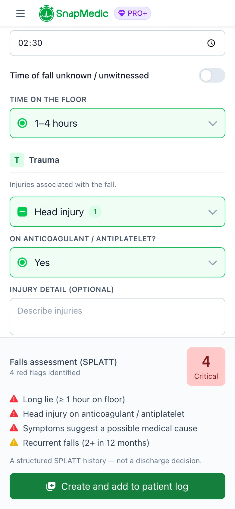 SnapMedic SPLATT falls assessment summary showing four identified red flags and a critical severity badge