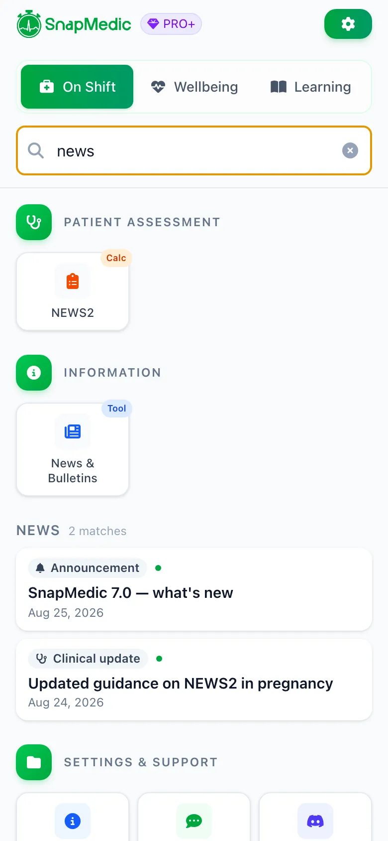 SnapMedic menu search showing the same grouped tools and news results
