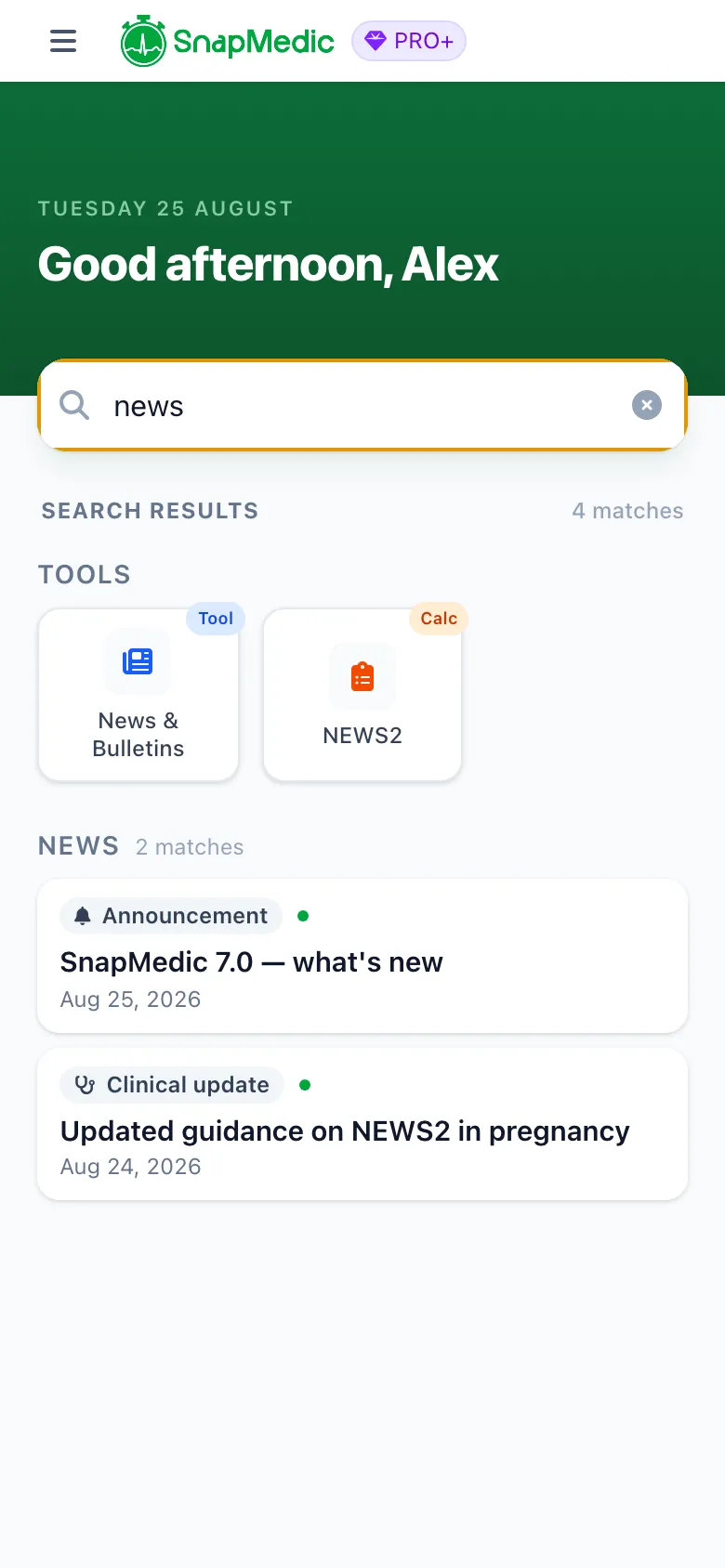 SnapMedic home search showing matching tools and matching news articles in two separate groups