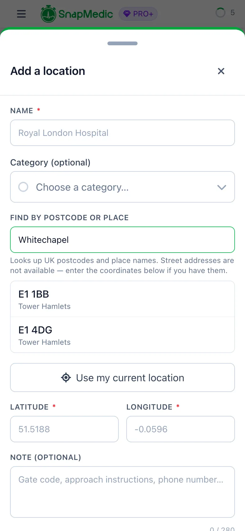 SnapMedic adding a location pin by postcode search with live results