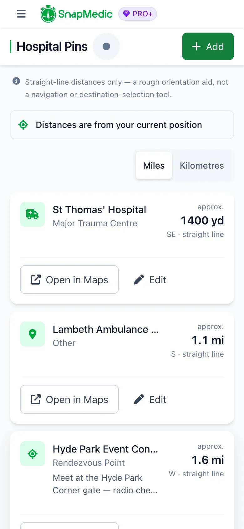 SnapMedic hospital pins list sorted nearest first with approximate straight-line distances and compass directions