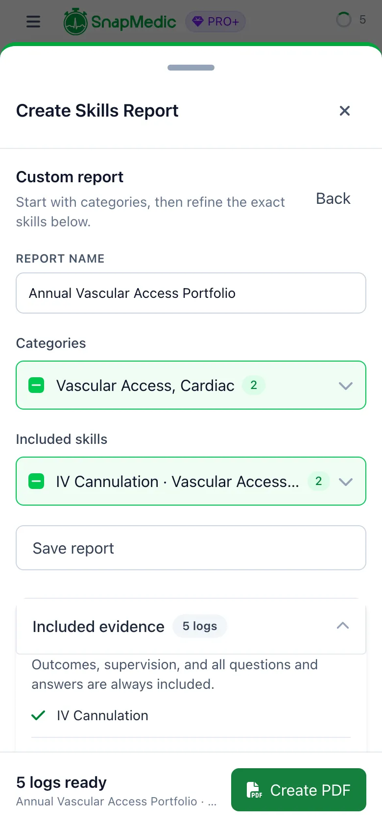 SnapMedic custom skills report builder selecting which skills to include
