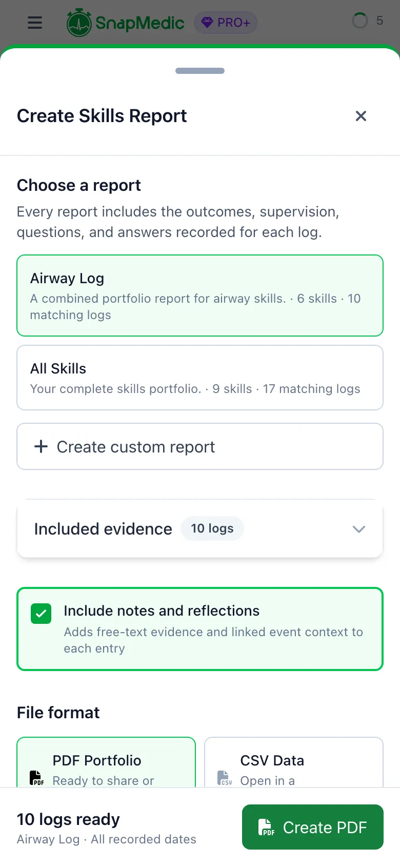 SnapMedic Create Skills Report sheet offering an Airway Log preset, an All Skills preset and a custom report option