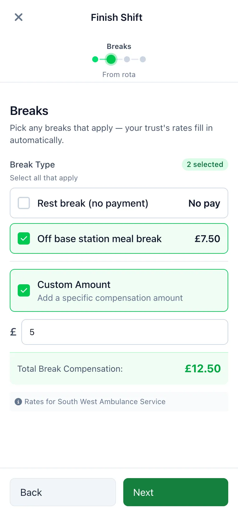 SnapMedic shift wizard breaks step with a custom break compensation amount entered