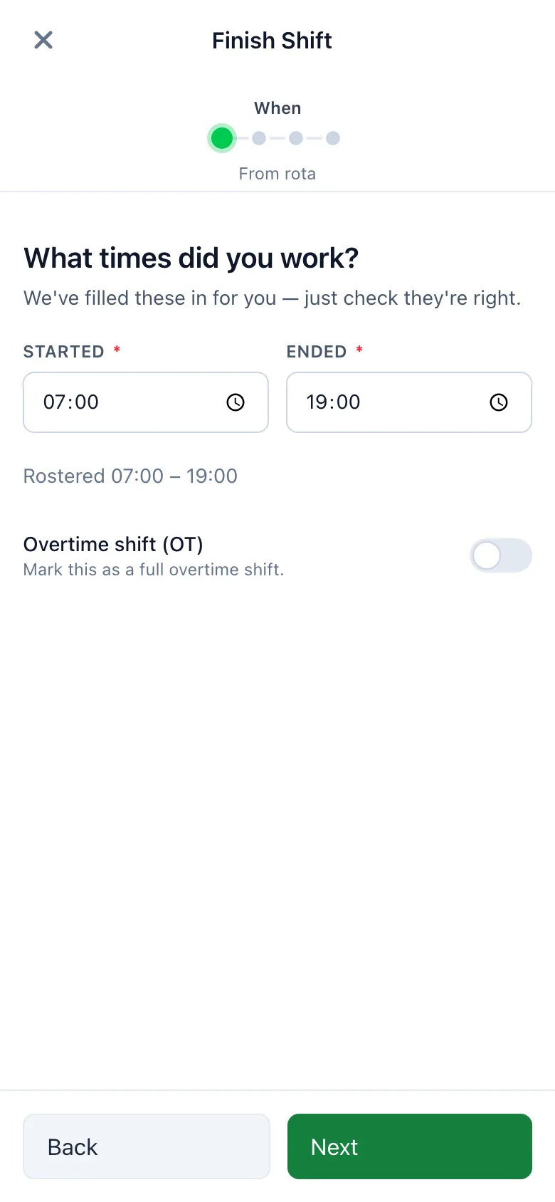SnapMedic finish shift screen with the worked times correctly pre-filled