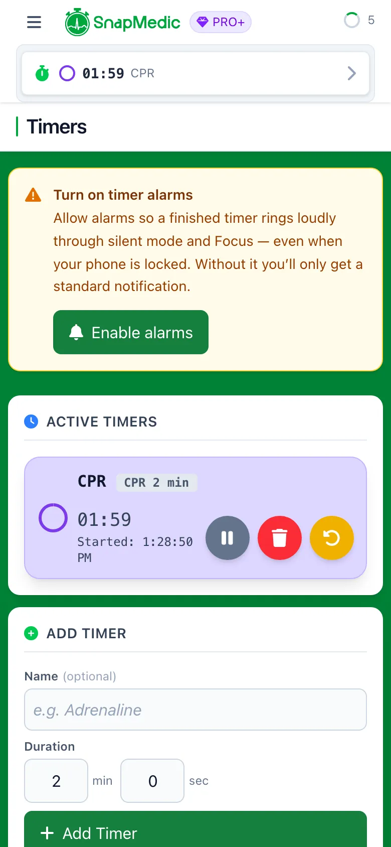 SnapMedic timers screen showing whether the phone is set up for true alarms