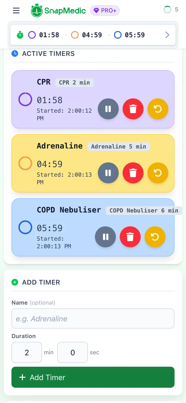 SnapMedic timers screen with CPR, adrenaline and nebuliser countdowns all running