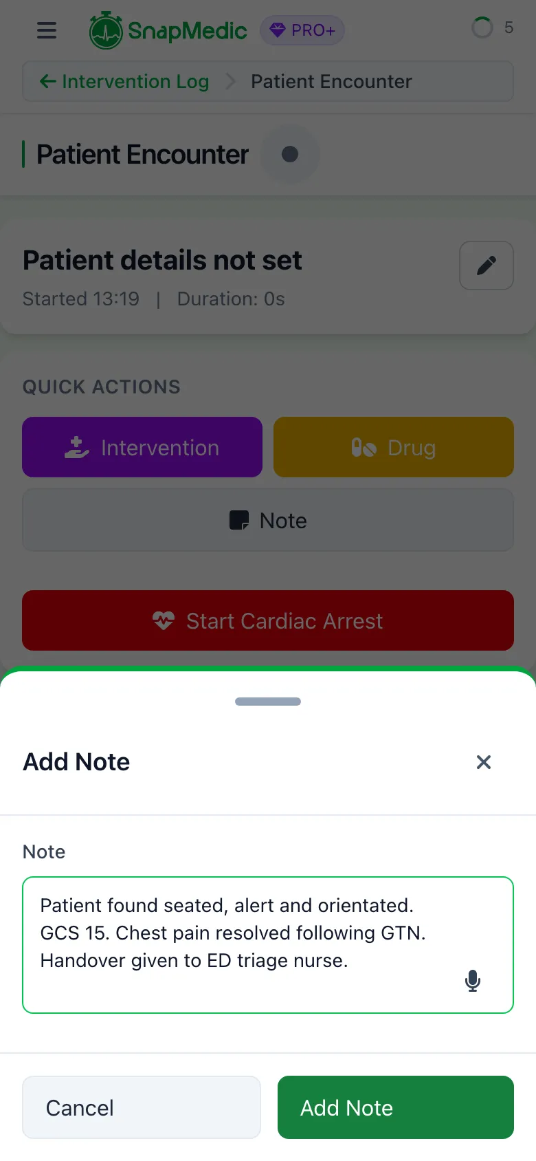 SnapMedic dictated note text sitting in the editable Intervention Log note field ready to save