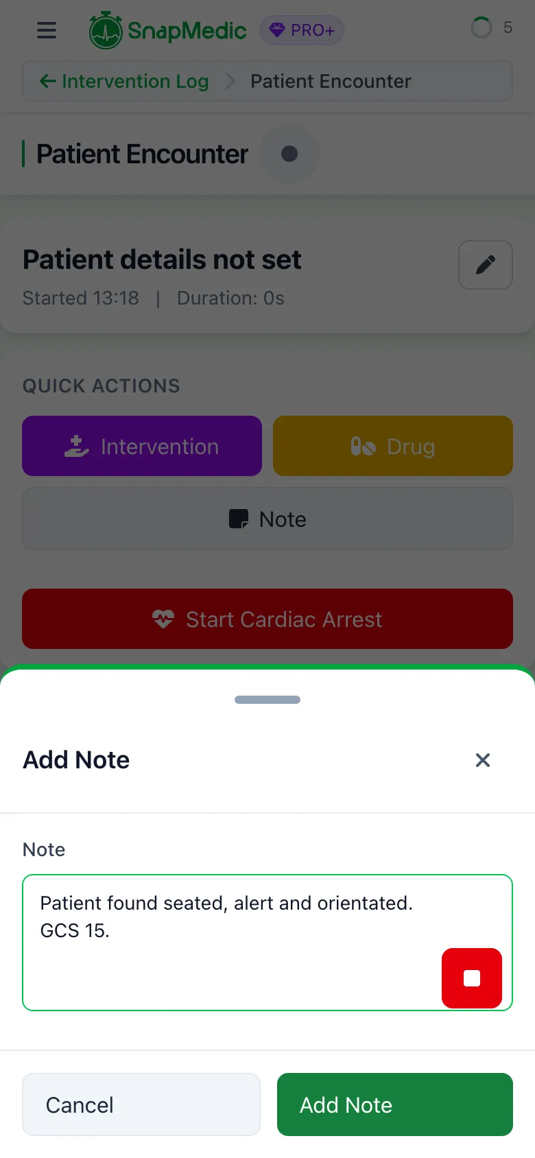 SnapMedic dictating a clinical note into an Intervention Log note field, with a stop control