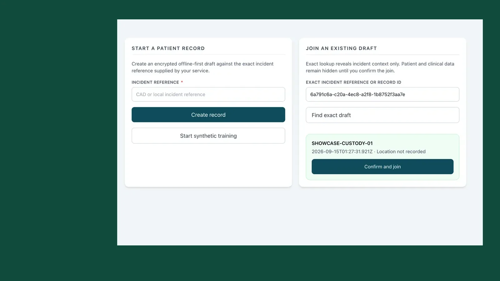 SnapMedic ePCR screen showing the separate options to start a patient record or join an existing draft by exact reference.